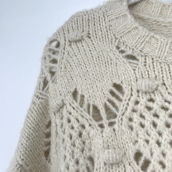 American Eagle Pom Pom Open Knit Sweater Cream XS Cozy Crew Coastal Preppy Boho - Picture 3 of 9